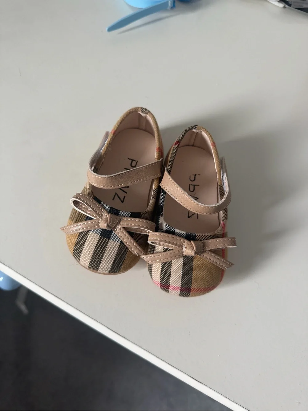 Classic Plaid Baby Mary Janes with Beige Bow Strap